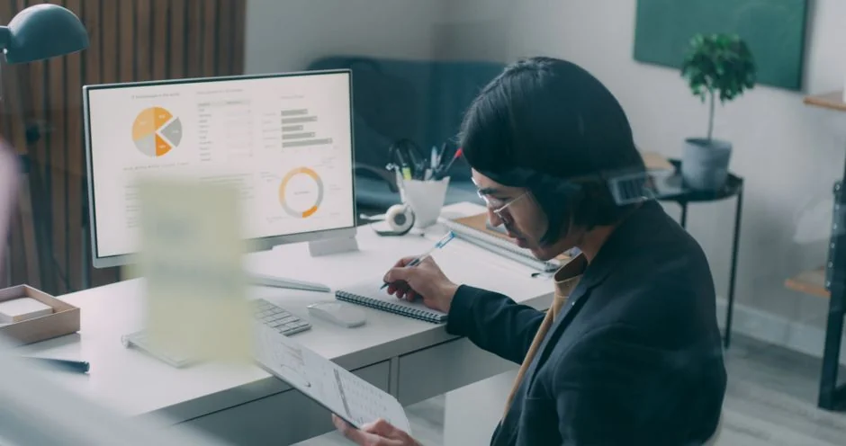 Un espace de travail contemporain où des mains examinent des données marketing sur un ordinateur portable et des documents papier.
